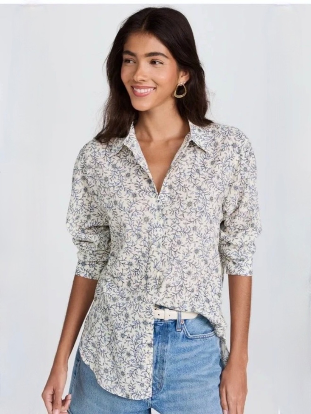 XIRENA 'Beau'  Blue Floral  Lightweight Cotton Long Sleeved Shirt - L
